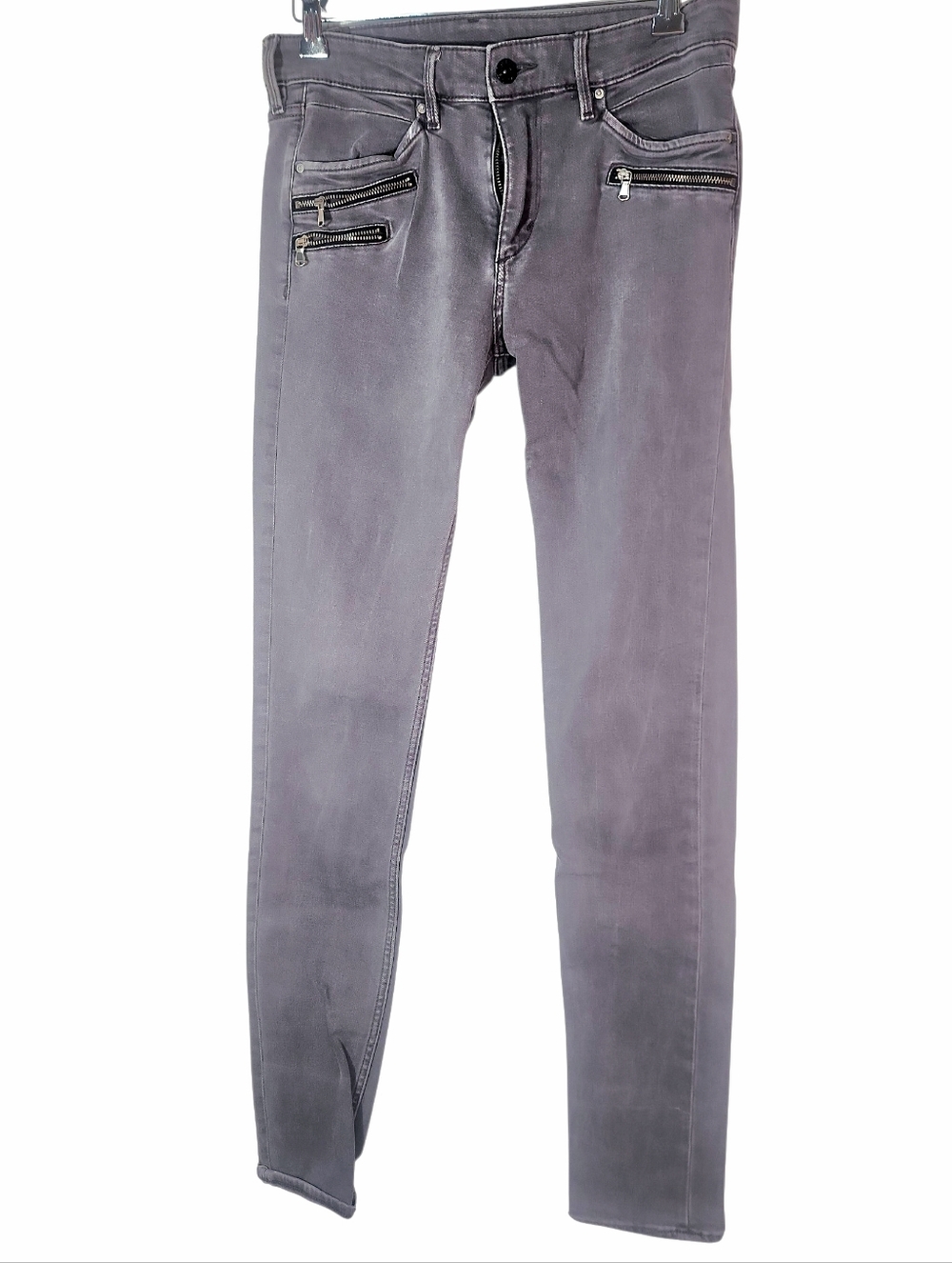 Denim Gray Moto Skinny Jeans with Double Front Zippers. 28/32